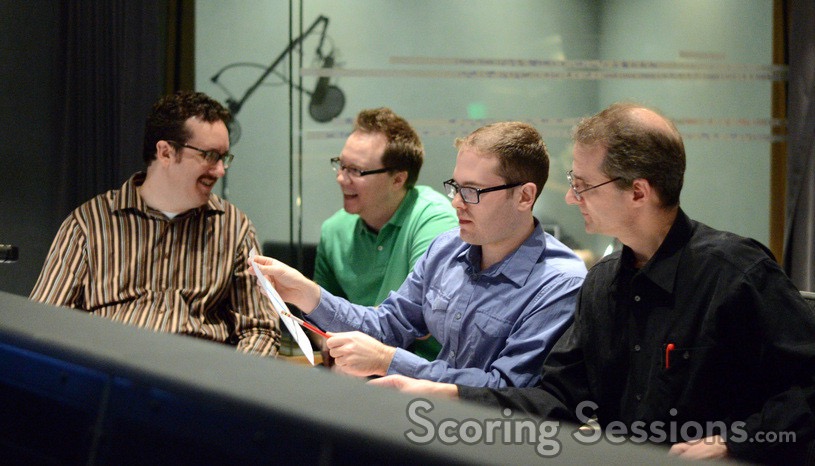 Agent Carter session at Warner Bros., Michael (at left) with orchestrator Marcus Sjowall, composer assistant Alex Bornstein, and orchestrator Andrew Kinney